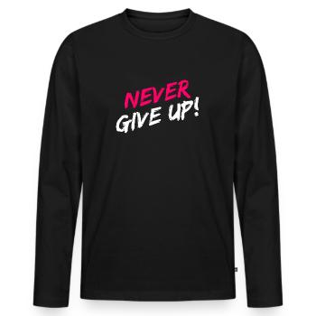 "Never Give Up!" Motivation in pink and white - Men's Premium Organic Long Sleeve Shirt - black - Front - Nico (187cm)