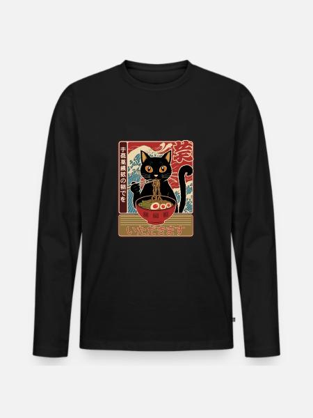 Cat Ramen Noodle Japanese Ramen Kawaii Cat - Men's Premium Organic Long Sleeve Shirt - black