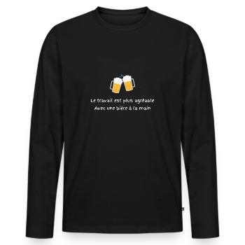Le travail avec une bière à la main - Humour drôle - T-shirt manches longues Premium bio Homme - noir - Devant - Nico (187cm)