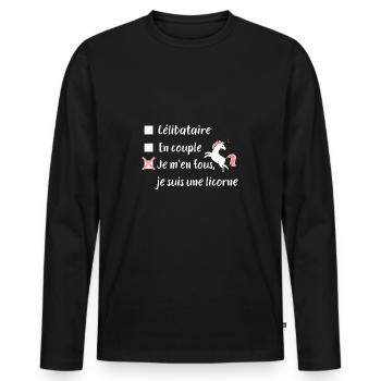 Célibataire, je m'en fous je suis une licorne - T-shirt manches longues Premium bio Homme - noir - Devant - Nico (187cm)