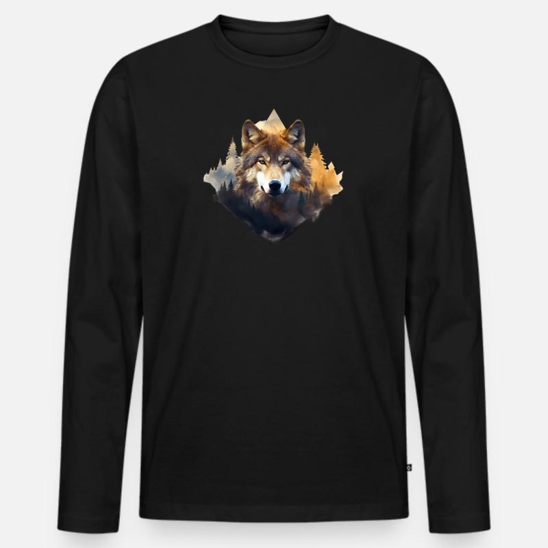 Wolf mit Bergen - Männer Premium Bio Langarmshirt - Schwarz