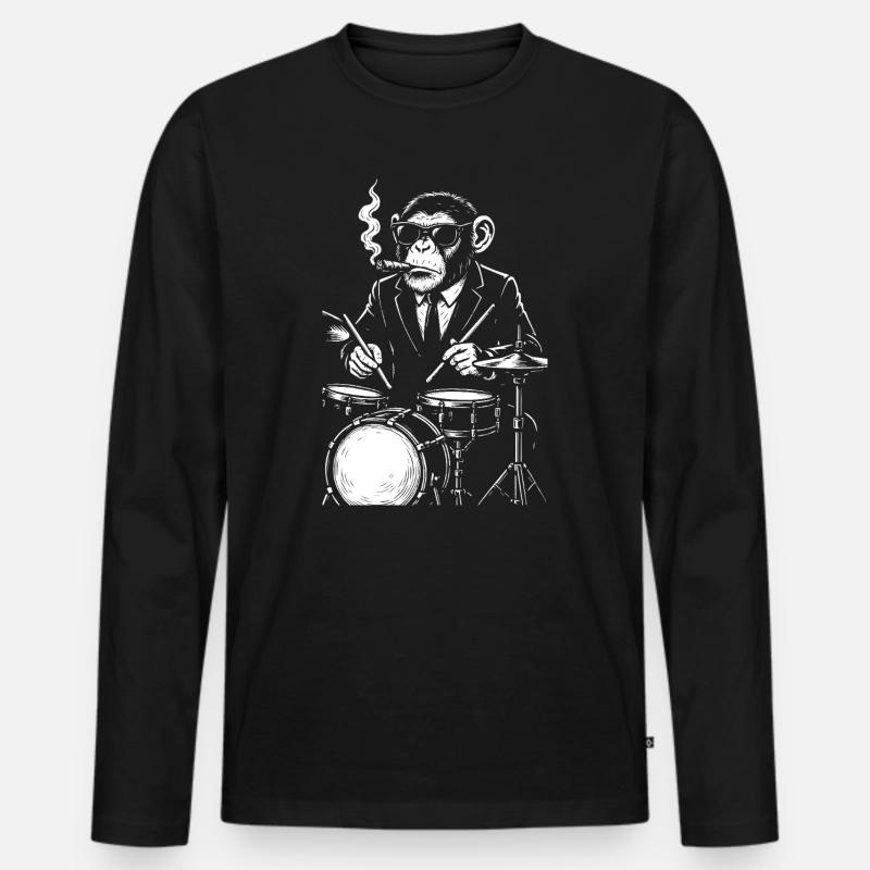 Affe mit Zigarre spielt Trommeln - Männer Premium Bio Langarmshirt - Schwarz