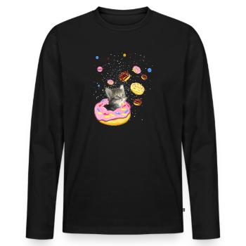 Cute Cat inside Donut in Space - Men's Premium Organic Long Sleeve Shirt - black - Front - Nico (187cm)