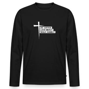 Tue Gerechtigkeit Liebe Barmherzigkeit Wandele demütig Bibel Micha 6,8 - Männer Premium Bio Langarmshirt - Schwarz - Vorne - Nico (187cm)