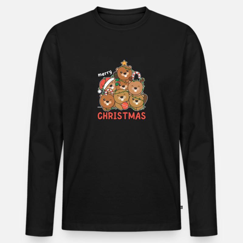 Biber Weihnachtsbaum frohe Weihnachten - Männer Premium Bio Langarmshirt - Schwarz
