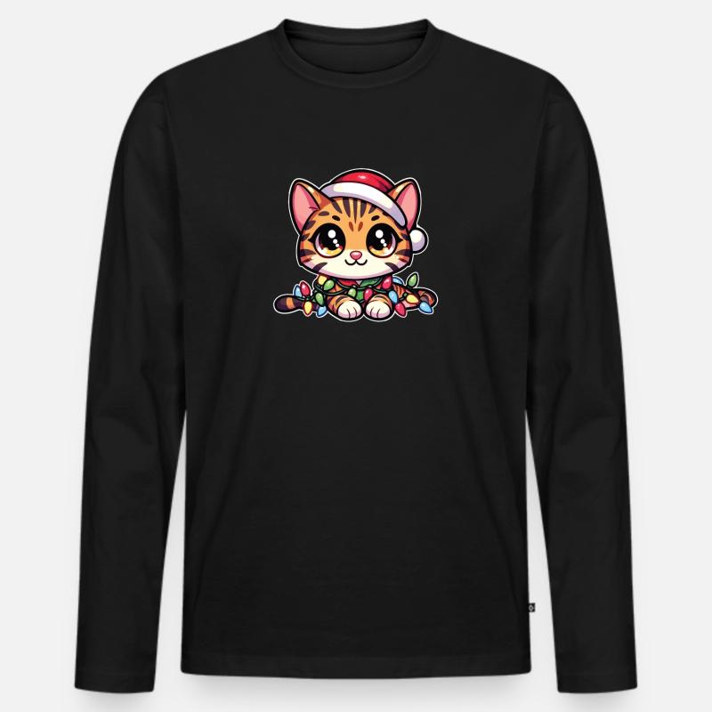 Weihnachten Lichterkette Bengalkatze - Männer Premium Bio Langarmshirt - Schwarz
