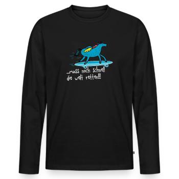 Muss noch die Welt retten - Einhorn Longboard - Männer Premium Bio Langarmshirt - Schwarz - Vorne - Nico (187cm)