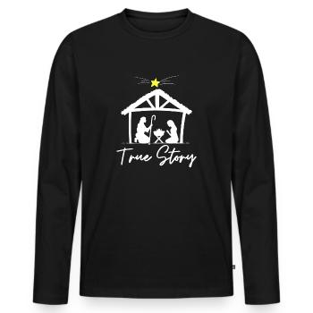 True Story Christmas Jesus Nativity print, - Men's Premium Organic Long Sleeve Shirt - black - Front - Nico (187cm)