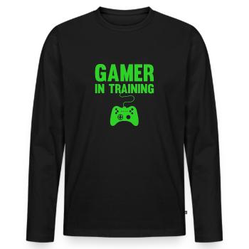 Joueur en formation, cadeau de joueur, jeu vidéo, jeux - T-shirt manches longues Premium bio Homme - noir - Devant - Nico (187cm)