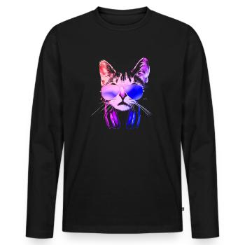 Cool Neon DJ Cat - Men's Premium Organic Long Sleeve Shirt - black - Front - Nico (187cm)