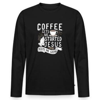 Le café me fait démarrer Jésus me permet de continuer - T-shirt manches longues Premium bio Homme - noir - Devant - Nico (187cm)