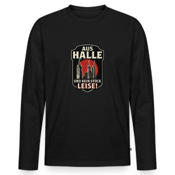 Aus Halle – Und kein Stück leise | Wappen-Shirt fü - Männer Premium Bio Langarmshirt - Schwarz - Vorne - Nico (187cm)