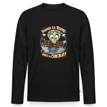 Chocolat humour rigolo addict accro alien phrase - T-shirt manches longues Premium bio Homme - noir - Devant - Nico (187cm)