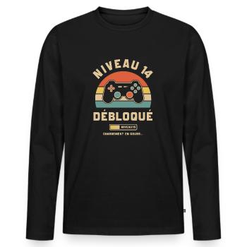Anniversaire Niveau 14 Ans Débloqué Gamer Gaming - T-shirt manches longues Premium bio Homme - noir - Devant - Nico (187cm)