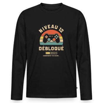 Anniversaire Niveau 12 Ans Débloqué Gamer Gaming - T-shirt manches longues Premium bio Homme - noir - Devant - Nico (187cm)