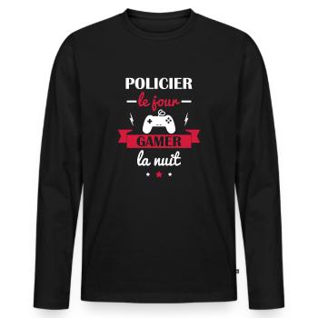 policier le jour,gamer la nuit - T-shirt manches longues Premium bio Homme - noir - Devant - Nico (187cm)