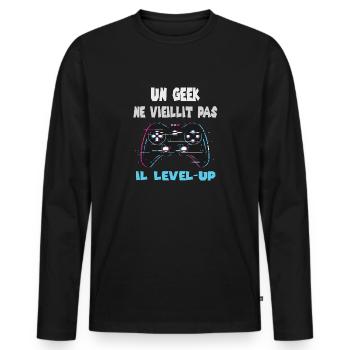 un geek ne vieillit pas il level up - T-shirt manches longues Premium bio Homme - noir - Devant - Nico (187cm)