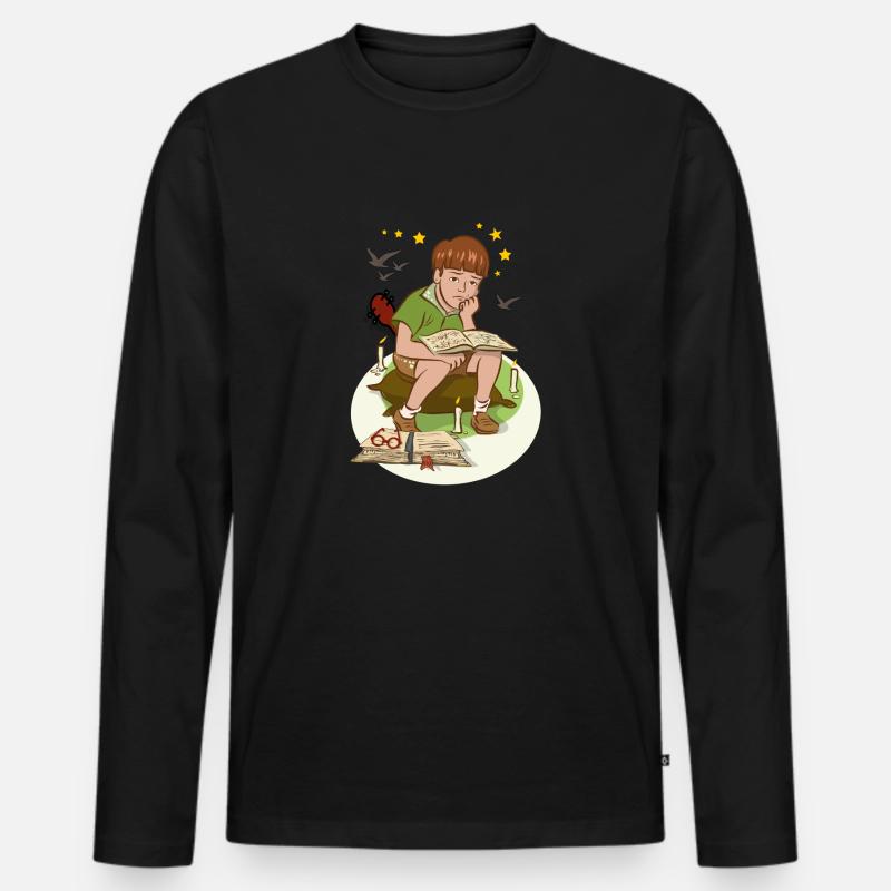 Junge mit Buch - Männer Premium Bio Langarmshirt - Schwarz