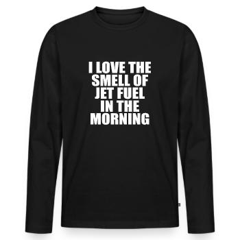 J’adore l’odeur du kérosène le matin - T-shirt manches longues Premium bio Homme - noir - Devant - Nico (187cm)