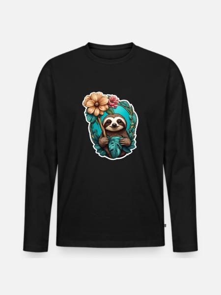 Faultier und Blume - Männer Premium Bio Langarmshirt - Schwarz