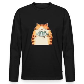 Fröhliche Katze Mit Fisch Umarmung - Männer Premium Bio Langarmshirt - Schwarz - Vorne - Nico (187cm)