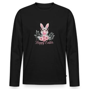 Joyeux lapin de Pâques avec des verres et des fleurs - T-shirt manches longues Premium bio Homme - noir - Devant - Nico (187cm)