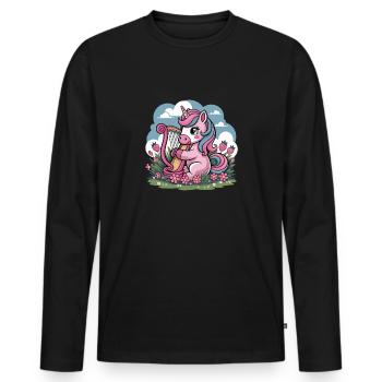 Einhorn Mit Harfe Und Erdbeeren Im Blumenfeld - Männer Premium Bio Langarmshirt - Schwarz - Vorne - Nico (187cm)