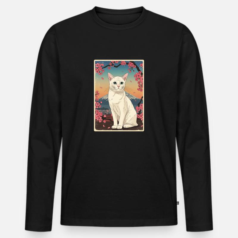 White Cat Cherry Blossom - Männer Premium Bio Langarmshirt - Schwarz