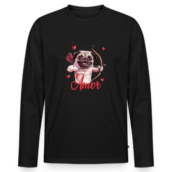 Lustiger Mops Amor Mit Bogenschütze Und - Männer Premium Bio Langarmshirt - Schwarz - Vorne - Nico (187cm)