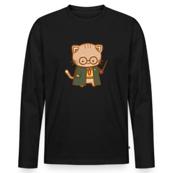 chat mignon dans un uniforme scolaire et bâton - T-shirt manches longues Premium bio Homme - noir - Devant - Nico (187cm)