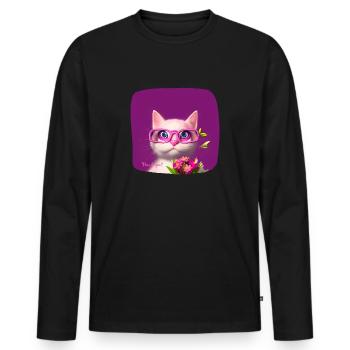 Chat dans des lunettes tendant des fleurs - T-shirt manches longues Premium bio Homme - noir - Devant - Nico (187cm)