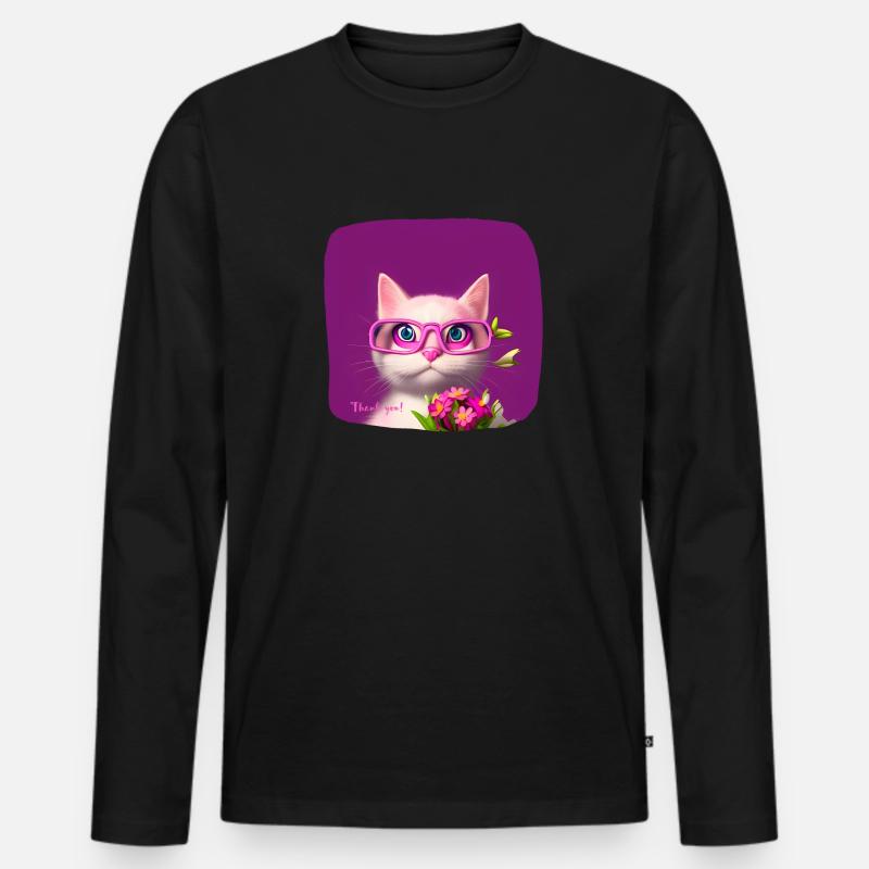 Katze in Brille reicht Blumen - Männer Premium Bio Langarmshirt - Schwarz