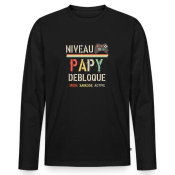 Niveau Papy débloqué vintage - T-shirt manches longues Premium bio Homme - noir - Devant - Nico (187cm)