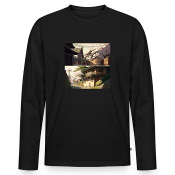 Japanese streets with cherry blossoms - Sakura - Men's Premium Organic Long Sleeve Shirt - black - Front - Nico (187cm)