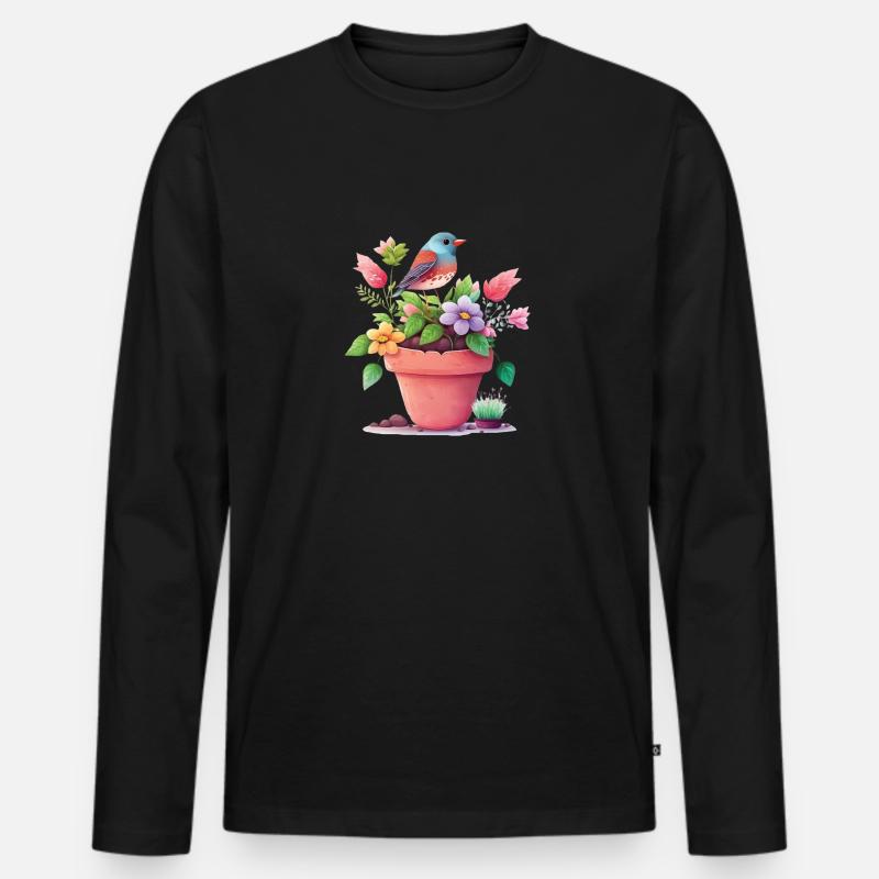 Blumentopf und Vogel - Männer Premium Bio Langarmshirt - Schwarz