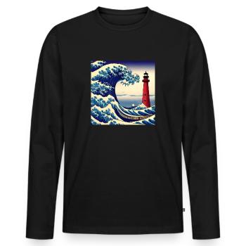 The Lighthouse inspired by The Great Wave Hokusai - Men's Premium Organic Long Sleeve Shirt - black - Front - Nico (187cm)