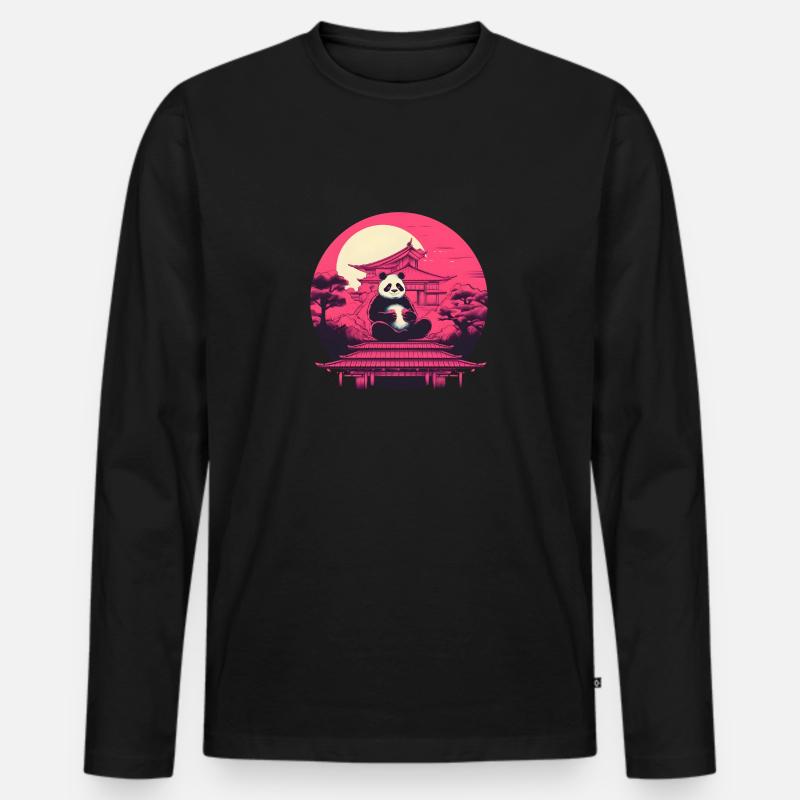 Synthwave eating Panda Japan Sunset - Männer Premium Bio Langarmshirt - Schwarz