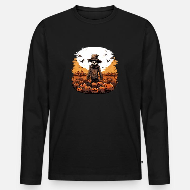 Gruselige Halloween Vogelscheuche im Kürbisfeld - Männer Premium Bio Langarmshirt - Schwarz