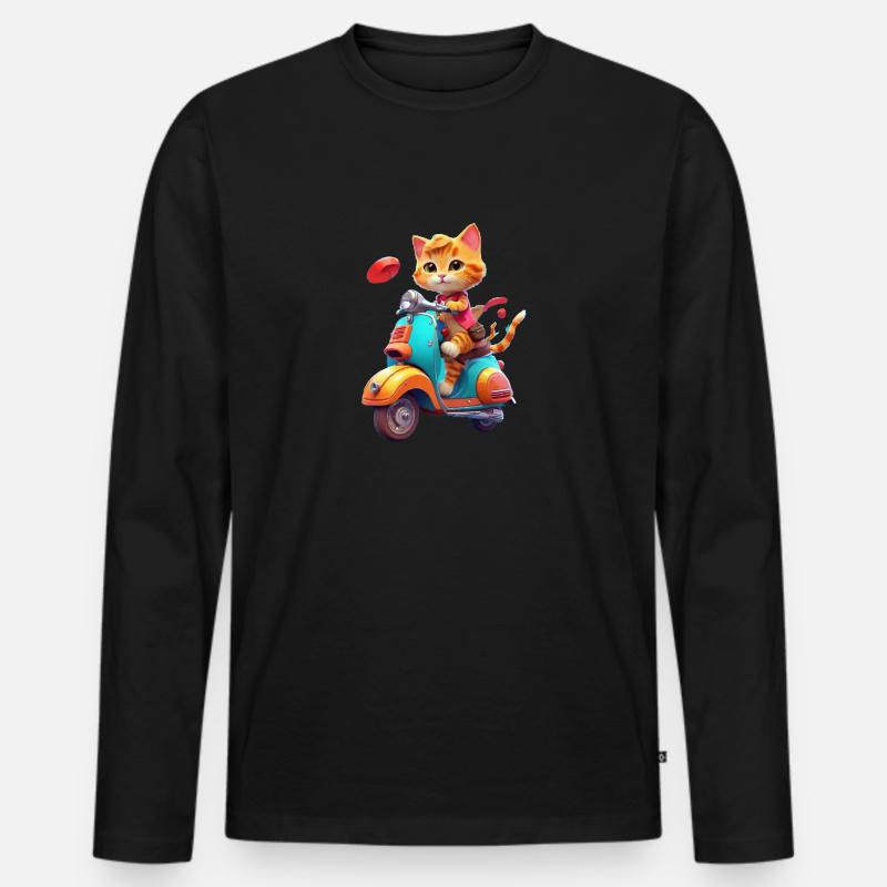 Katze fährt Roller - Männer Premium Bio Langarmshirt - Schwarz