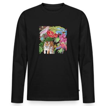 Peinture de la jungle tigres et oiseaux - T-shirt manches longues Premium bio Homme - noir - Devant - Nico (187cm)