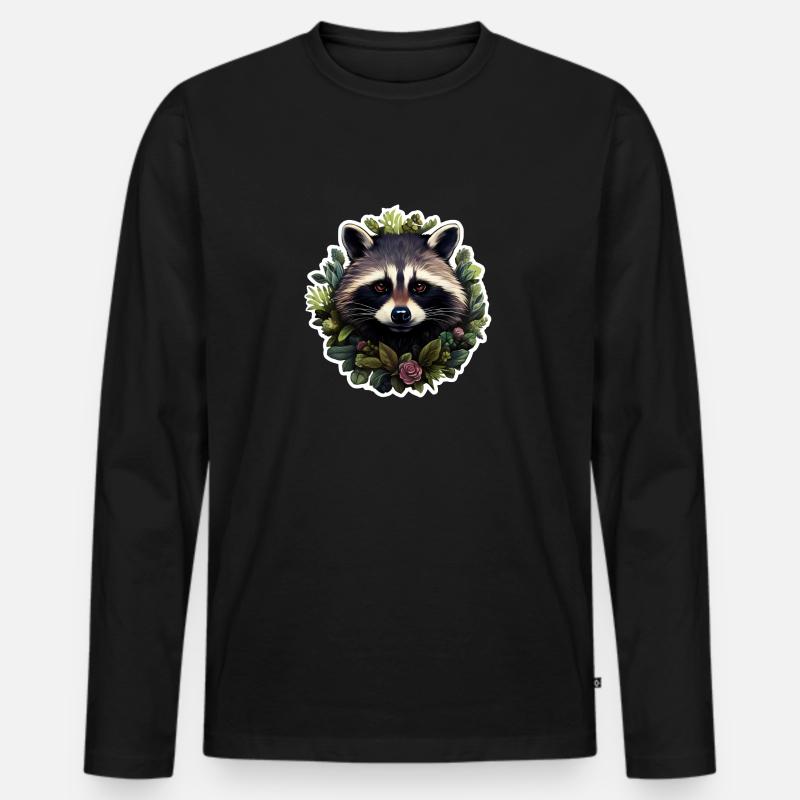 Waschbär mit Blumen - Männer Premium Bio Langarmshirt - Schwarz