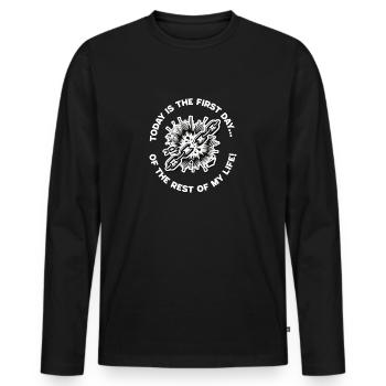 Heute: Der erste Schritt in dein neues Leben! - Männer Premium Bio Langarmshirt - Schwarz - Vorne - Nico (187cm)