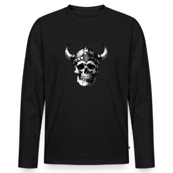 Skull mit Helm und Hörnern auf Farbklecksen - Männer Premium Bio Langarmshirt - Schwarz - Vorne - Nico (187cm)