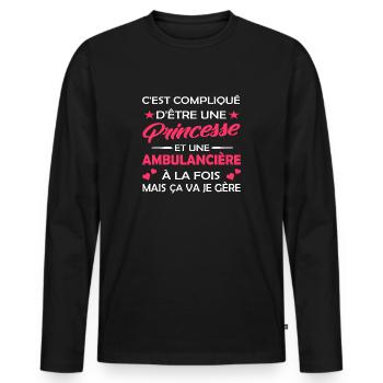 cadeau humour princesse et ambulancière - T-shirt manches longues Premium bio Homme - noir - Devant - Nico (187cm)