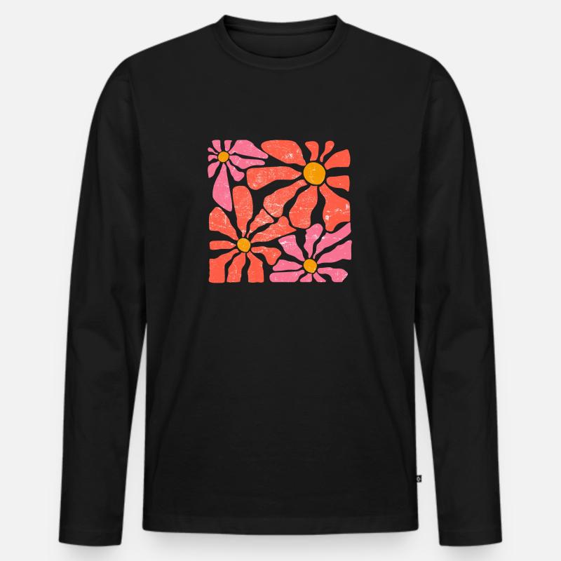 Groovy Retro Rosa und Orange Blumen - Männer Premium Bio Langarmshirt - Schwarz