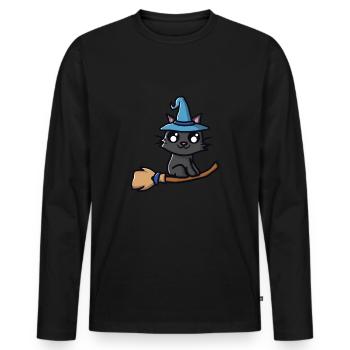 Cat with witch hat on witches broom - Men's Premium Organic Long Sleeve Shirt - black - Front - Nico (187cm)