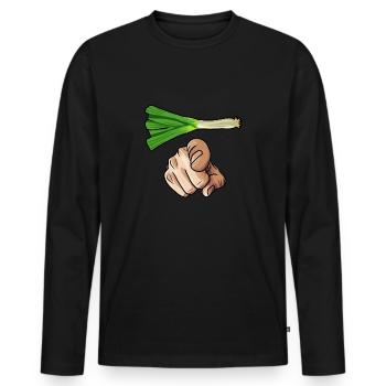 Poireau avec une main comique pointant le doigt vers l'avant - T-shirt manches longues Premium bio Homme - noir - Devant - Nico (187cm)