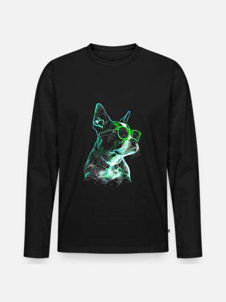 Cooler futuristischer Hund mit grüner Sonnenbrille - Männer Premium Bio Langarmshirt - Schwarz