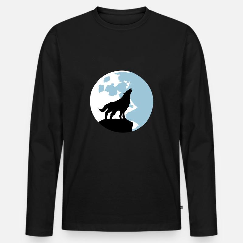 Wolf und Vollmond - Männer Premium Bio Langarmshirt - Schwarz