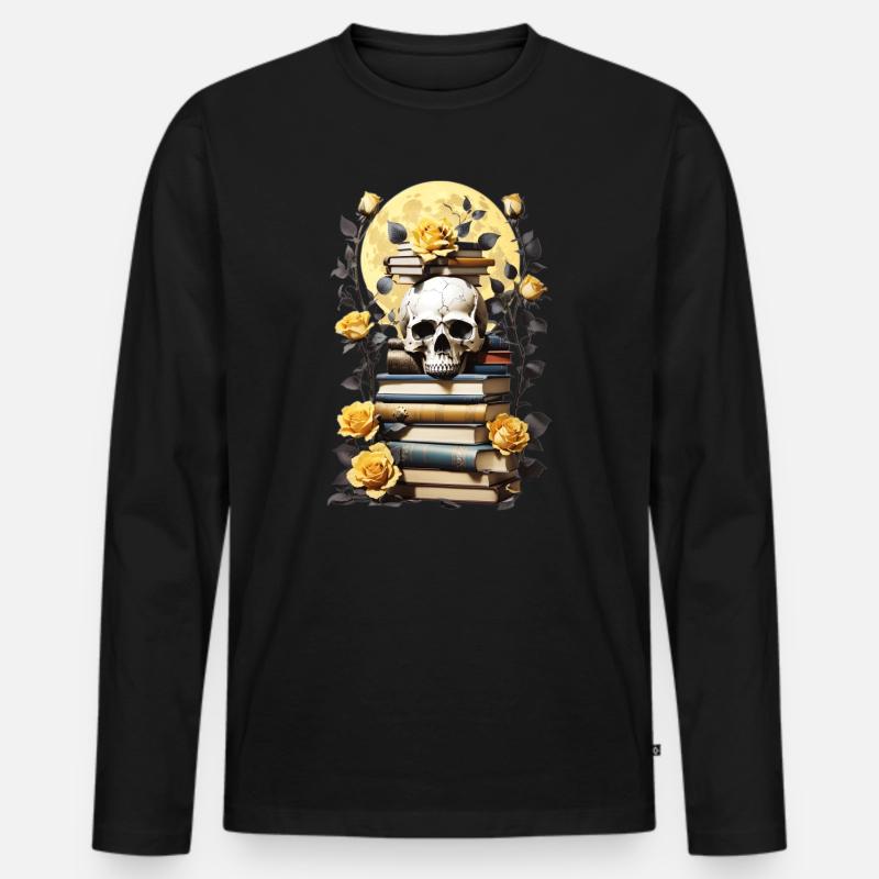 Bücherstapel mit Schädel - Männer Premium Bio Langarmshirt - Schwarz